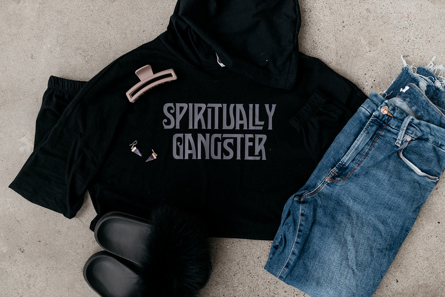 Long-sleeve-hooded-cinched-cropped-spiritually-gangster-shirt