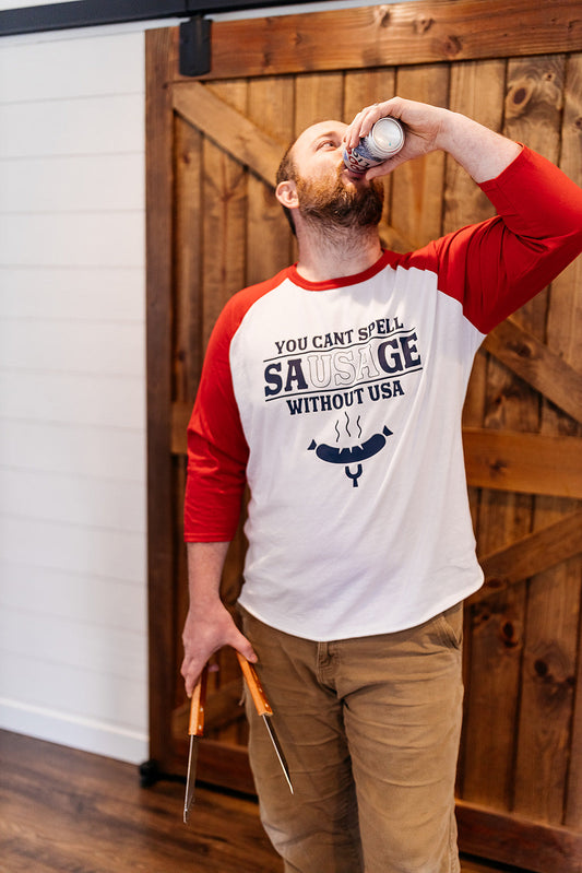 Mens-Baseball-T-Shirt-You-Cant-Spell-Sausage-Without-USA-Fourth-Of-July