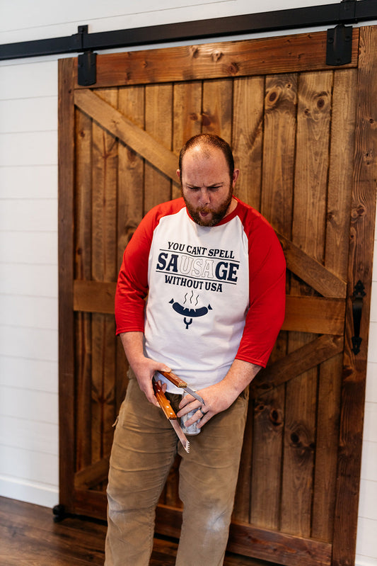 Mens-Baseball-T-Shirt-You-Cant-Spell-Sausage-Without-USA-Fourth-Of-July