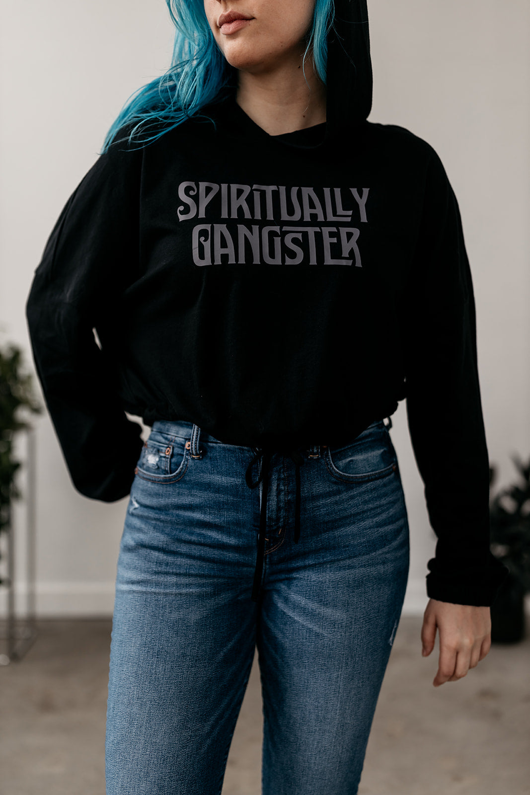 Long-sleeve-hooded-cinched-cropped-spiritually-gangster-shirt